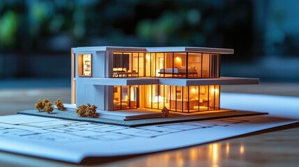 Poster - Building house on blueprint with vignetting and construction concept. A beautifully crafted model of a modern house with glowing lights.