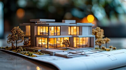 Aufkleber - Building house on blueprint with vignetting and construction concept. A detailed architectural model of a modern house with lighting.