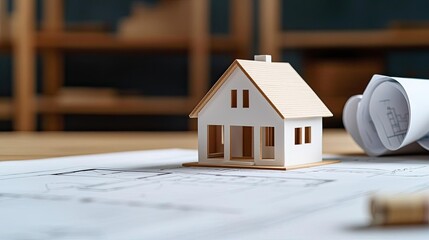 Aufkleber - Building house on blueprint with a focus on architecture and vignetting concept. A model house on architectural blueprints in a workspace.
