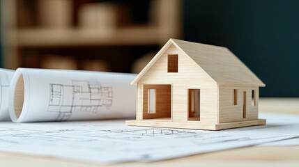 Aufkleber - Building house on blueprint with a focus on architecture and vignetting concept. A wooden house model on blueprints represents architectural design.