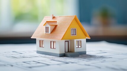 Aufkleber - Building house on blueprint under plan and architecture concept. Miniature house model on architectural plans in bright environment.