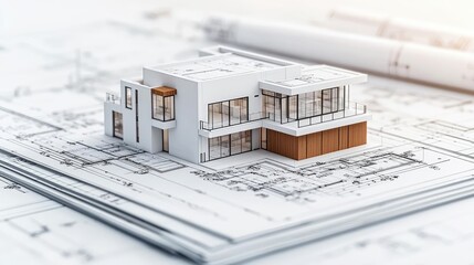 Aufkleber - Building house on blueprint with a focus on architecture and vignetting concept. A modern house design model on top of architectural blueprints.