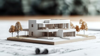 Aufkleber - Building house on blueprint with a focus on architecture and vignetting concept. Modern architectural model showcasing innovative design elements.