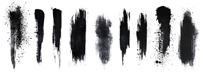 Poster - Set of grunge black ink textures with noise and grainy effects on a white background. Vector illustration, isolated on a pastel background.