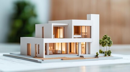 Aufkleber - Building house on blueprint with vignetting and construction concept. Modern architectural model showcasing minimalistic design features.