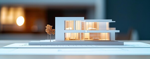 Aufkleber - Building house on blueprint with a focus on architecture and vignetting concept. A modern architectural model showcasing sleek design elements.