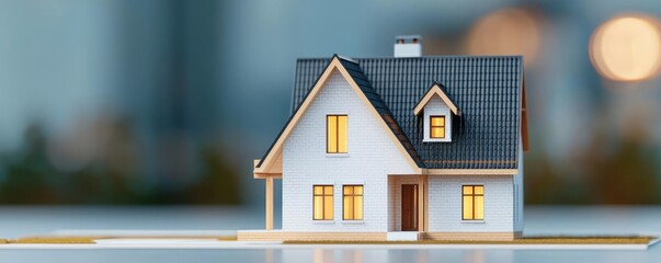 Aufkleber - Building house on blueprint with a focus on architecture and vignetting concept. A cozy miniature house model with warm glowing windows.