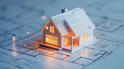 Aufkleber - Building house on blueprint under plan and architecture concept. A miniature house model illuminated on a blueprint background.