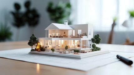 Aufkleber - Building house on blueprint under plan and architecture concept. Detailed miniature model of a modern house design with lighting.
