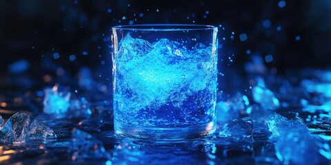 Poster - A glass of water with ice cubes and splashes illuminated with blue light on a reflective surface