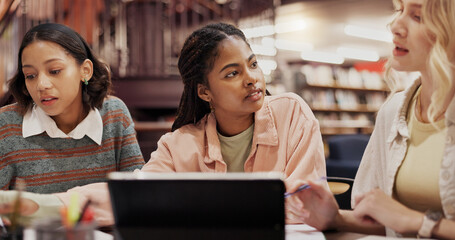 Poster - Study group, tablet and education with women in library for college assignment, research and planning. University, learning and teamwork with people on campus for knowledge, students and project