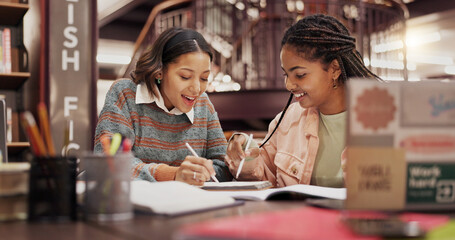 Poster - Students, women and friends with notebook at library for group project, research or education at university. People, girl and review with problem solving, notes or learning for scholarship at college
