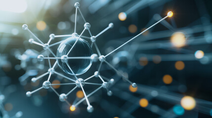 Poster - Molecular Structure: Abstract digital rendering of a complex molecule,  depicting its intricate three-dimensional structure with interconnected nodes. The image evokes concepts of science, technology.
