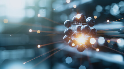 Poster - The Spark of Scientific Discovery: An abstract and captivating display of a molecular structure, illuminated with beams of light. A stunning visual representation of scientific concepts.