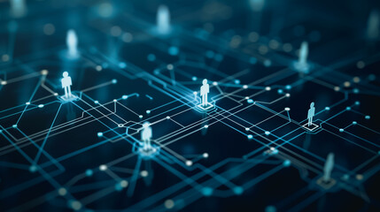 Poster - Global Network: Abstract representation of a global network with glowing human figures interconnected by lines on a dark background.  