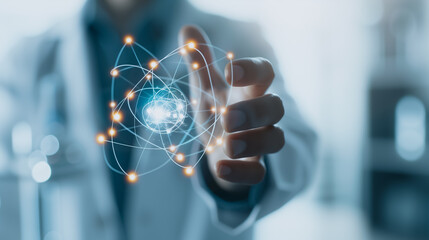 Poster - Global Network in Hand: A scientist's hand gently cradles a glowing orb representing interconnected nodes, symbolizing global communication, technology, and innovation.