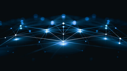 Poster - Network Connection: Dynamic interplay of interconnected nodes, each a beacon of data, forming an intricate web of communication against a background of cool, deep blues. 