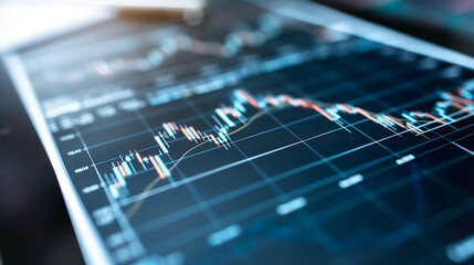 Poster - Navigating the Digital Marketplace: A close-up of a tablet screen displaying intricate financial data and stock charts, an embodiment of business innovation and growth.