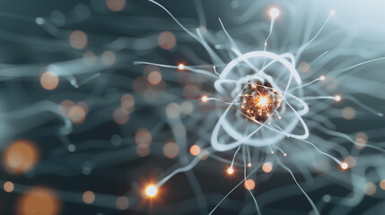 Poster - Atomic Structure: Glowing atom with orbiting electrons, energy bursts, and a dark background.
