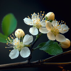 Poster - Delicate white flowers bloom on branch, showcasing vibrant yellow stamens against dark background. scene evokes sense of tranquility and natural beauty