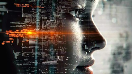 Poster - Exploring data technology through a striking digital portrait of a young woman, Data technology portrait Some elements are created using images