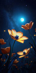 Poster - Night sky with glowing flowers, vibrant tulips illuminated under bright moon, creating magical atmosphere filled with stars and tranquility
