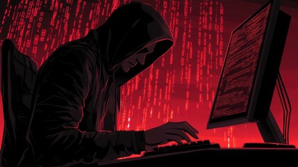 Poster - A mysterious vector illustration of a hacker in a hoodie, typing at a computer, with glowing code in the background.