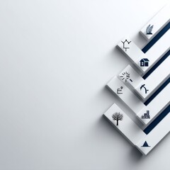 Poster - Abstract Chevron Design with Diverse Iconography on White Blocks with Dark Blue Stripes