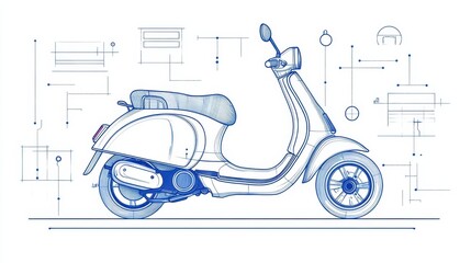 Poster - A technical drawing of a scooter, with blueprint-style lines and a minimalist design highlighting its key features.