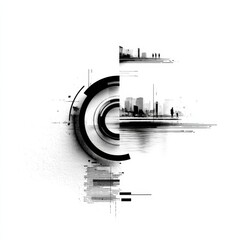 Aufkleber - Abstract Cityscape: Digital Dreams in Black and White - Exploring Urban Landscapes and Technology's Influence