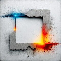 Fototapete - Abstract Concrete Frame with Blue and Orange Energy Effect on Textured White Wall, Creative Background