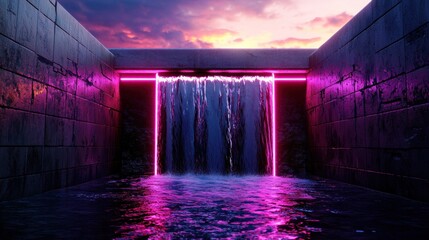 Wall Mural - Neon waterfall in a stone corridor at sunset