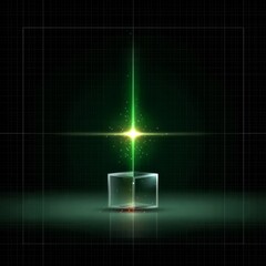 Aufkleber - Green Beam Emerging from a Glass Cube on a Dark Grid Background, Abstract and Futuristic Design.