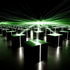 Poster - Luminous Matrix: An Abstractscape of Dark Cubes and Radiant Green Lines Emanating from a Central Point, Creating an Ethereal Vision