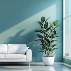 Poster - tall plant in white pot adds touch of nature to modern living room with teal wall and cozy white sofa. sunlight creates beautiful shadows, enhancing serene atmosphere