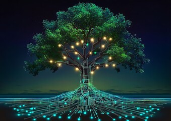 Poster -  A digital tree with circuitry for branches, symbolizing organic growth and technology. ,
