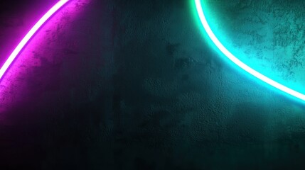 Canvas Print - Neon lights curves on textured dark wall. Background glow.  Use Abstract, product display