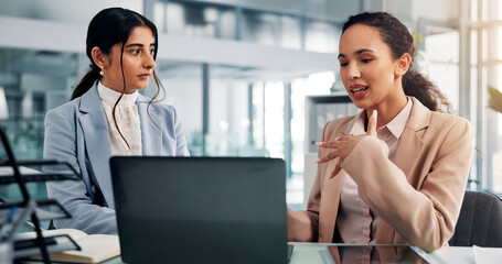 Poster - Meeting, computer and business women in office for financial review, budget report and planning. Professional, corporate and people in discussion on laptop for research, website and investment choice
