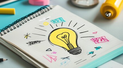 Poster - Creative workspace with a notebook, highlighters, and a light bulb, illustrating the process of innovative thinking.