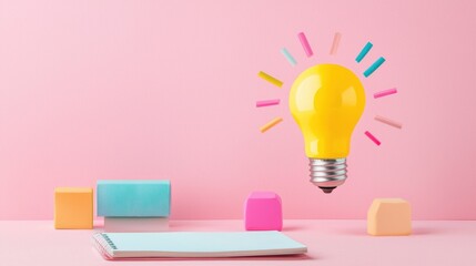 Poster - Creative workspace with a notebook, highlighters, and a light bulb, illustrating the process of innovative thinking.