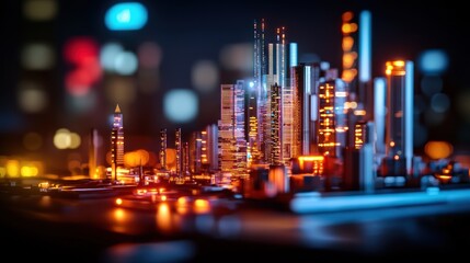 Wall Mural - futuristic city model, illuminated at night, with blurred background of a metropolis. use stock phot