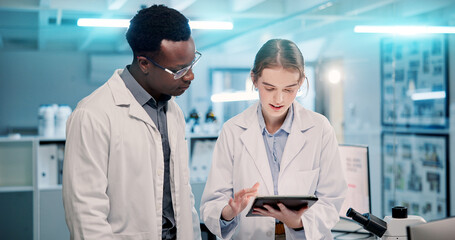 Poster - Tablet, scientist and team with medical results, pharma innovation or discussion at night. Technology, science or collaboration with people in laboratory for planning chemistry experiment or research