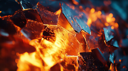 Wall Mural - Close-up of jagged glass edges reflecting a firelight glow.