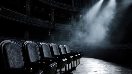 Canvas Print - Empty theater seats, spotlight, smoky stage
