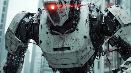 Poster - City robot confronts human in futuristic urban environment during daylight hours, City terror, robot assaulting human in urban environment
