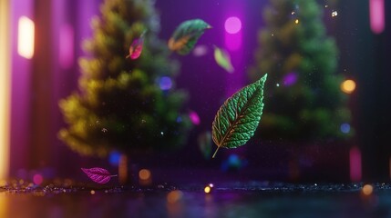 Canvas Print - Floating leaves around Christmas trees in vibrant neon light