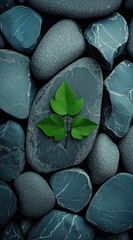 Poster - Green leaves on blue pebbles create serene and calming atmosphere, showcasing nature beauty and harmony. contrast between vibrant leaves and textured stones enhances visual appeal