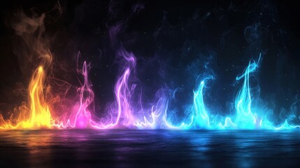 Poster - Multicolored flames shooting upward, illuminating the dark, smoky ground with surreal, magical energy