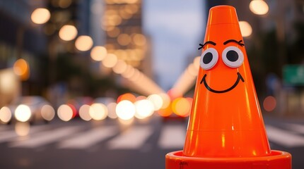 Poster - orange traffic cone with googly eyes and smile, bokeh background, city lights, shallow depth of fiel