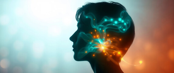 Poster - woman silhouette showing data processing and connections inside brain